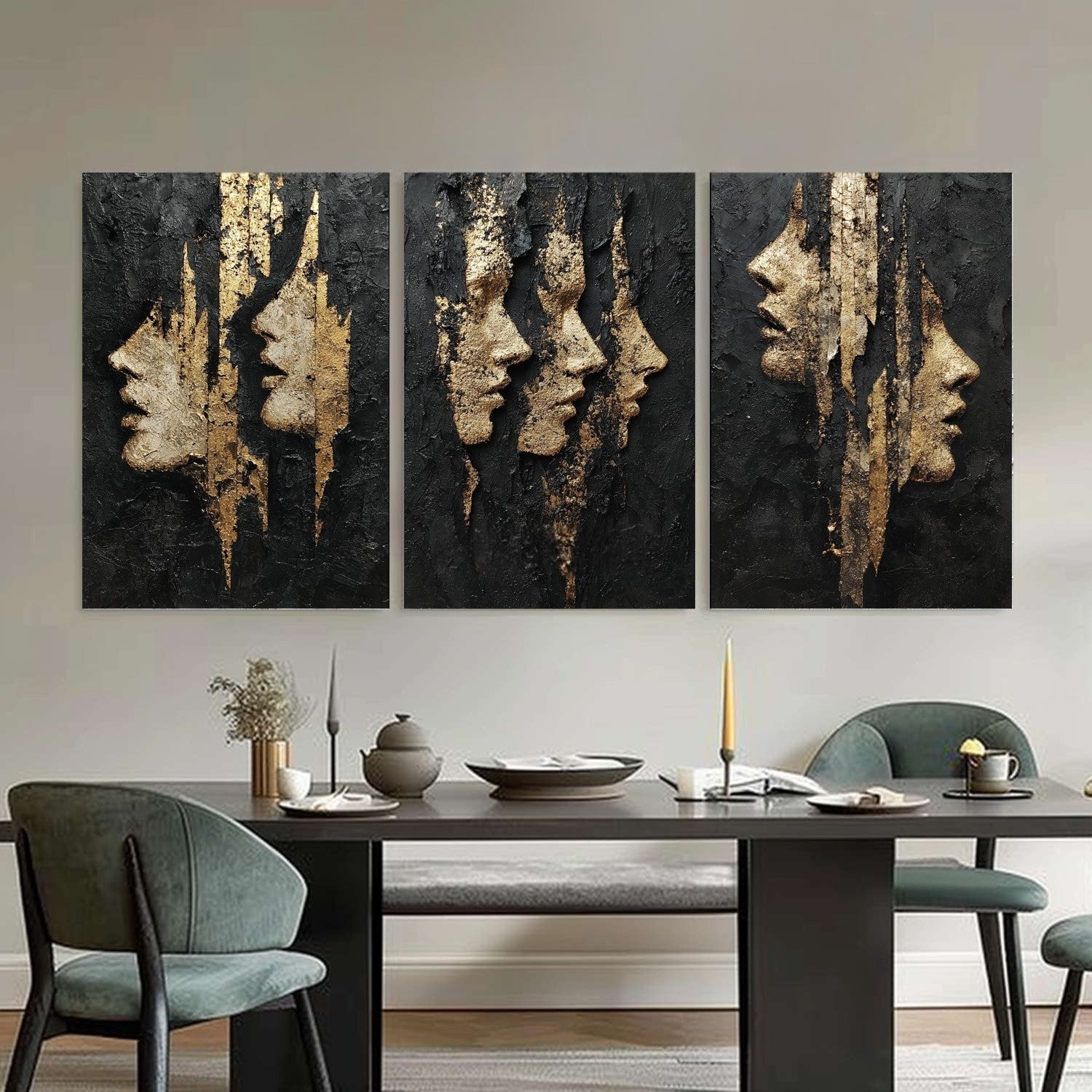Black and Gold Abstract Faces Triptych Painting - Neutralighting