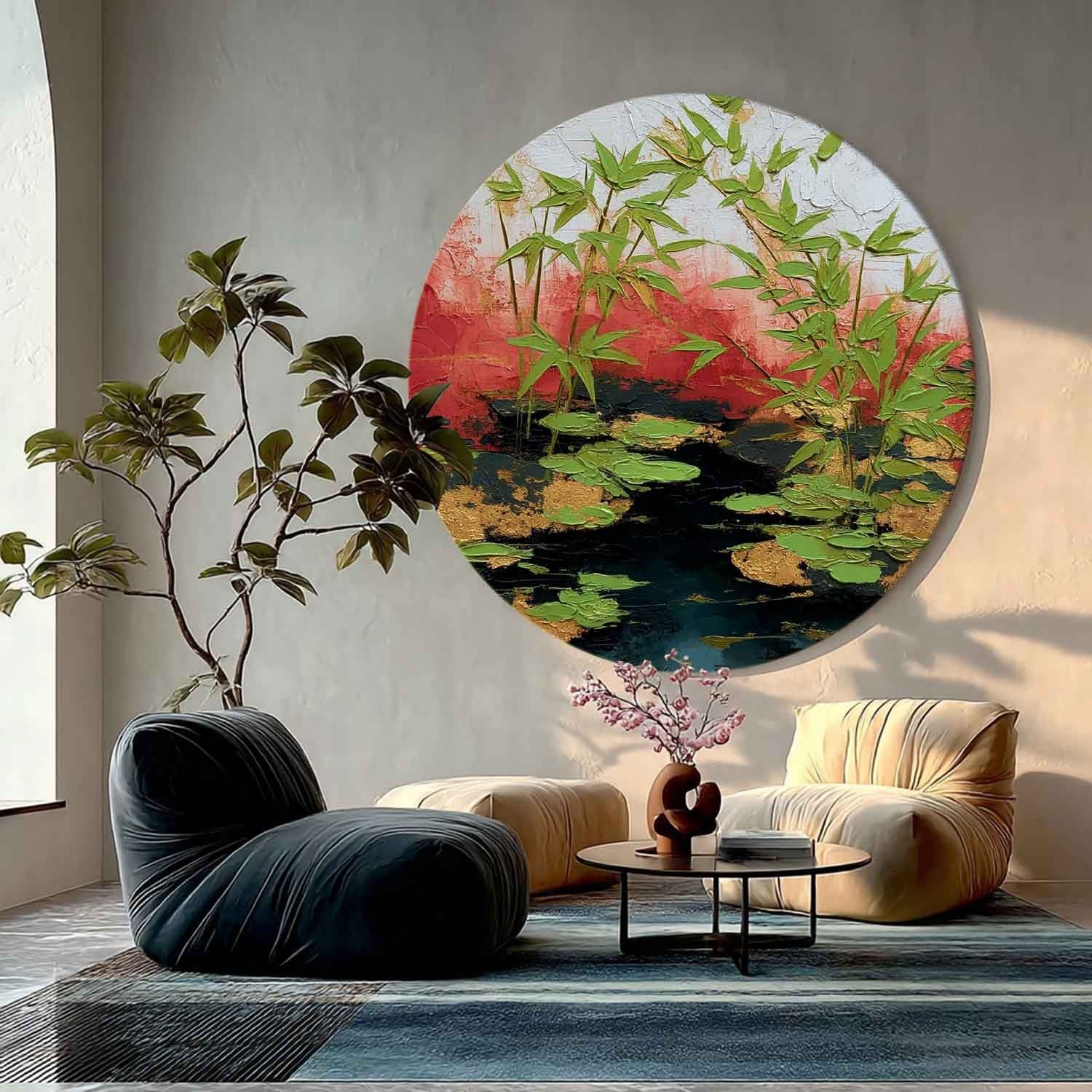 Wall Art Round Bamboo Lotus Leaf Red - Neutralighting