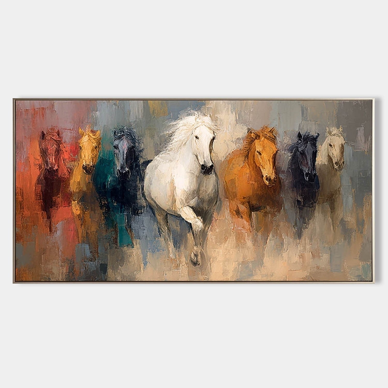 Wall Art Panoramic Impressionist Galloping Horses Scene Vibrant - Neutralighting