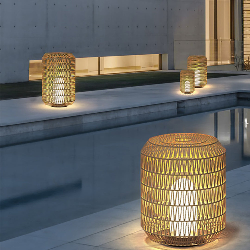 Ray Vintage Lantern Rattan Floor Lamp, Hardwired/Solar, Beige - Neutral Decor
