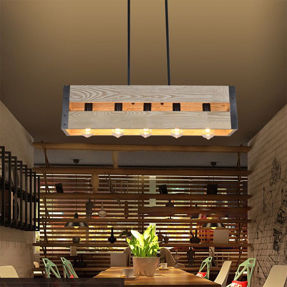 Silva Retro Rectangular Metal & Wood Pendant Light, 5 Heads, 2 Style - Neutral Decor