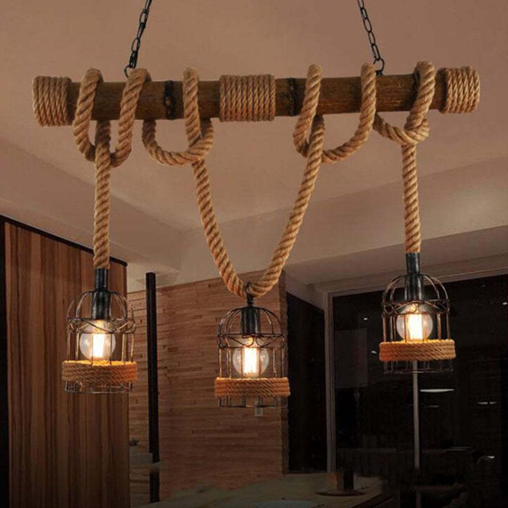 Silva Vintage 3 Heads Wood Rope Pendant Light - Neutral Decor