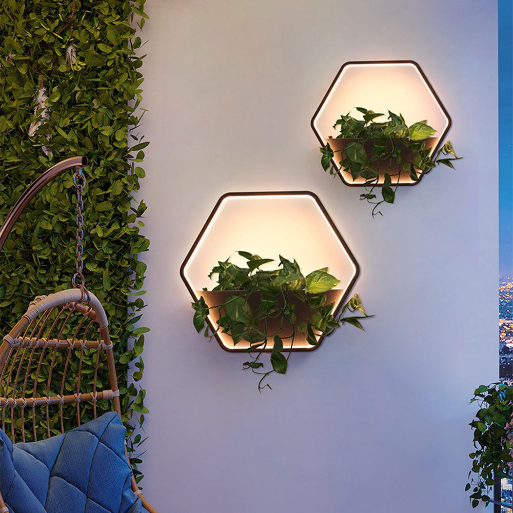Ray Minimalist Hexagonal Ring With Shelf Metal Outdoor Wall Lamp, Black - Neutral Decor
