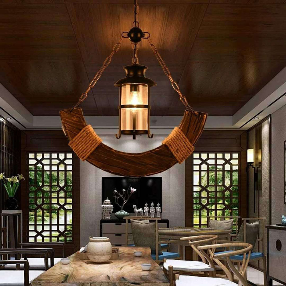 Epoch Retro Rustic Arc Metal/Wood Lantern Glass Pendant Light - Neutral Decor