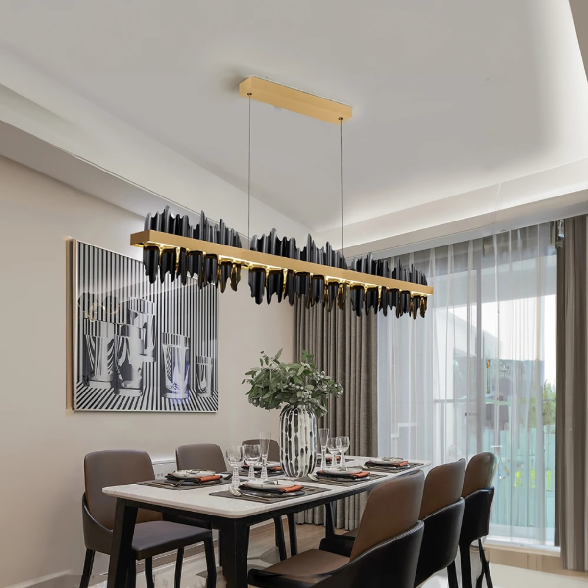 Kristy Industrial Chandelier Rectangle Metal Gold Black Living Room - Neutral Decor