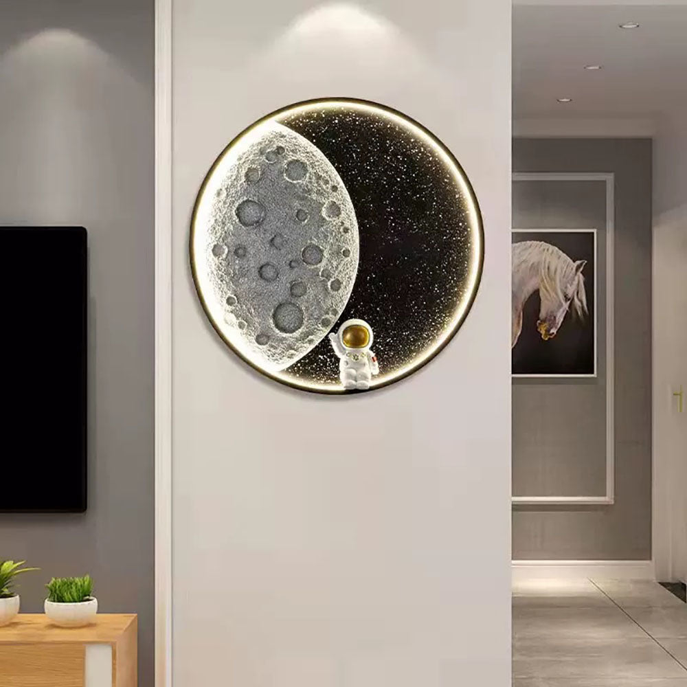 Aria Astronaut Round Moon Black Wall Lamp, Metal - Neutral Decor