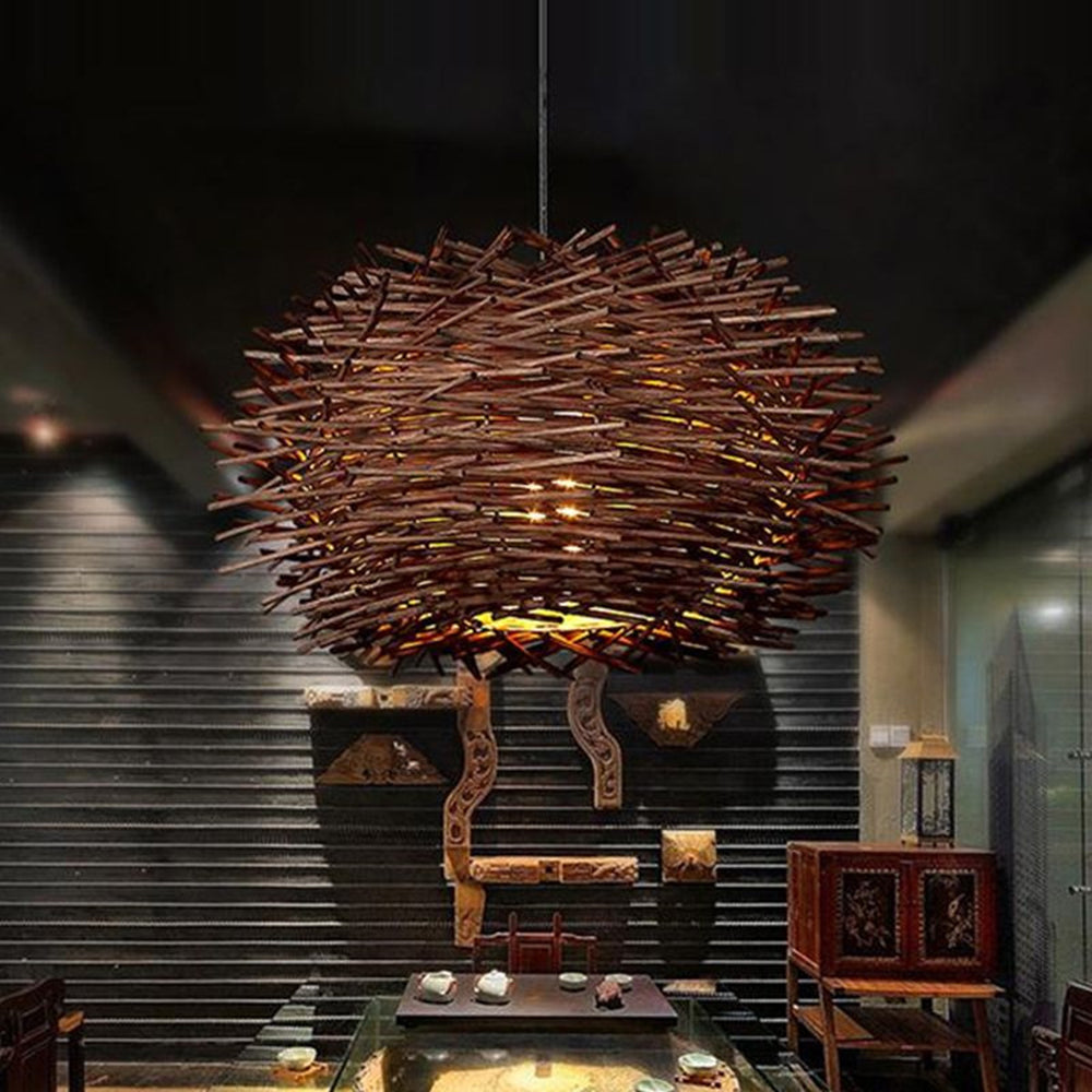 Muto Wooden Bird Nest Rattan Pendant Light, Brown/Wood - Neutral Decor