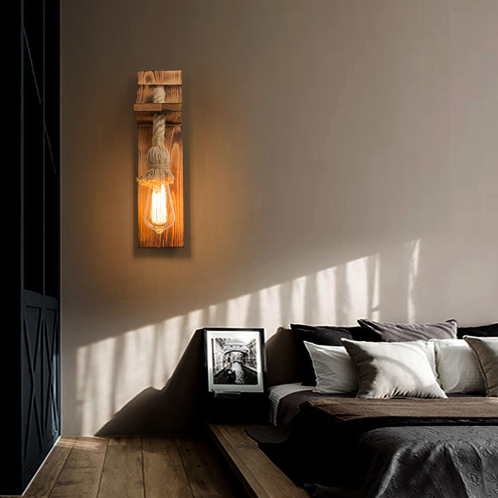 Epoch Vintage Rectangular LED Wall Light, Wood/Hemp Rope, Dining Room - Neutral Decor