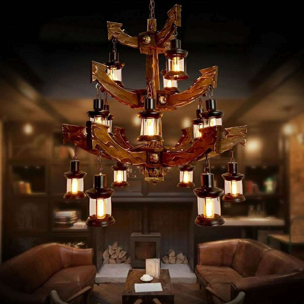 Epoch Retro 14 Lantern Wood/Metal Chandelier - Neutral Decor