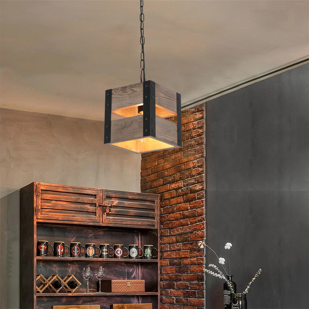 Silva Retro Square Metal & Wood Pendant Light, 4 Heads, 2 Style - Neutral Decor
