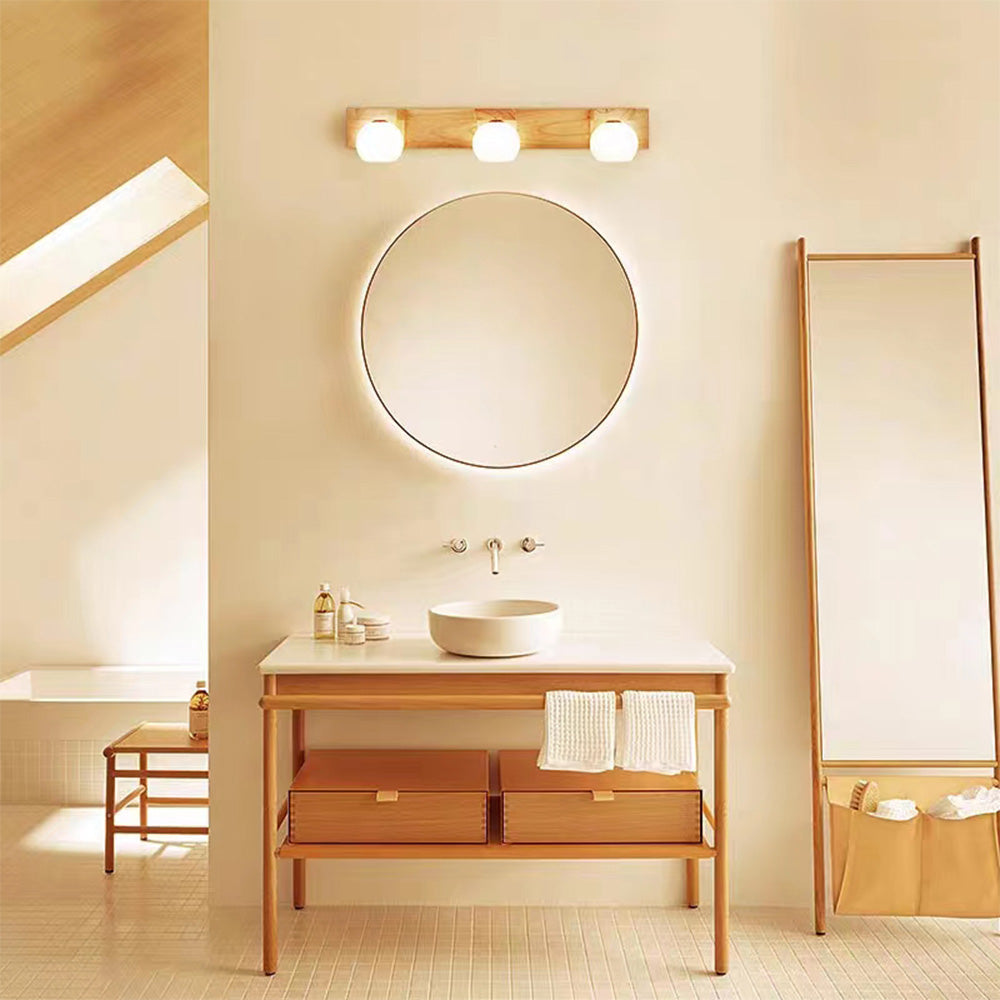 Muto Wooden Ball Mirror Front Vanity Wall Lamp, Log Color - Neutral Decor