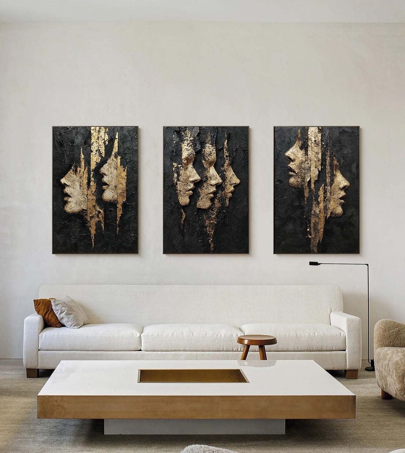 Black and Gold Abstract Faces Triptych Painting - Neutralighting