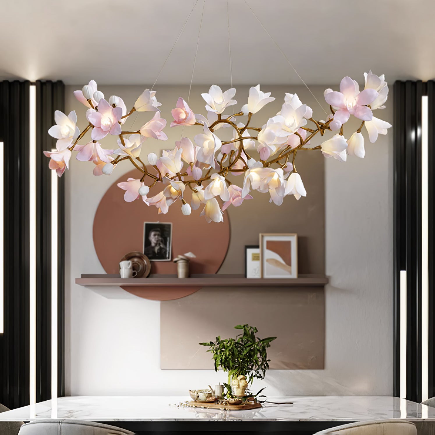 Elemu Chandelier Brass Ceramic Blossom-Neutral Decor