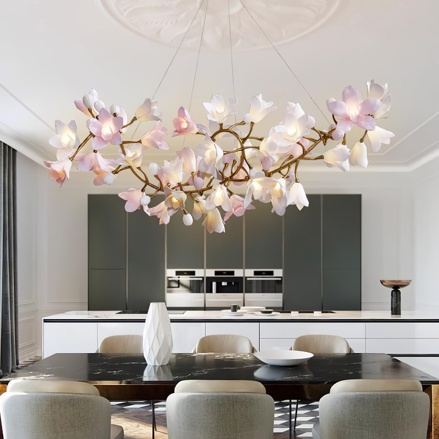 Elemu Chandelier Brass Ceramic Blossom-Neutral Decor