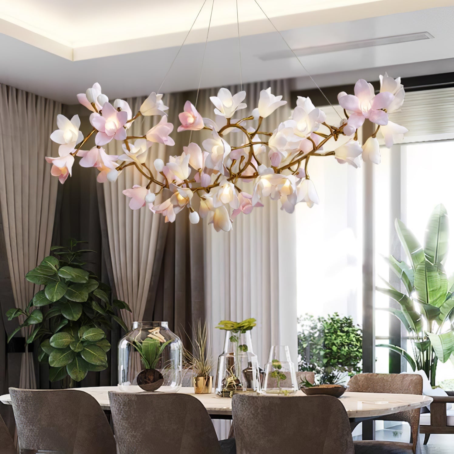 Elemu Chandelier Brass Ceramic Blossom-Neutral Decor