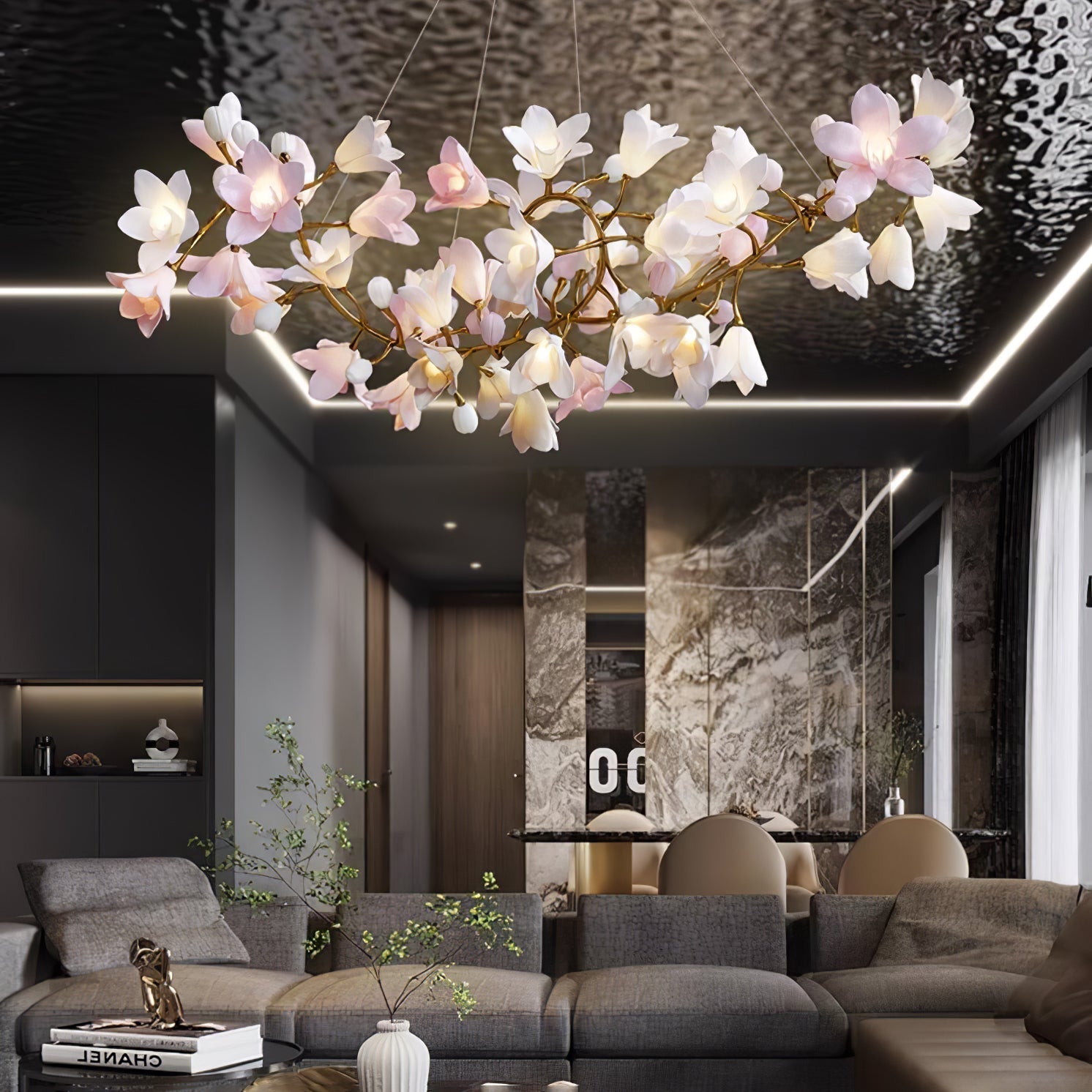 Elemu Chandelier Brass Ceramic Blossom-Neutral Decor