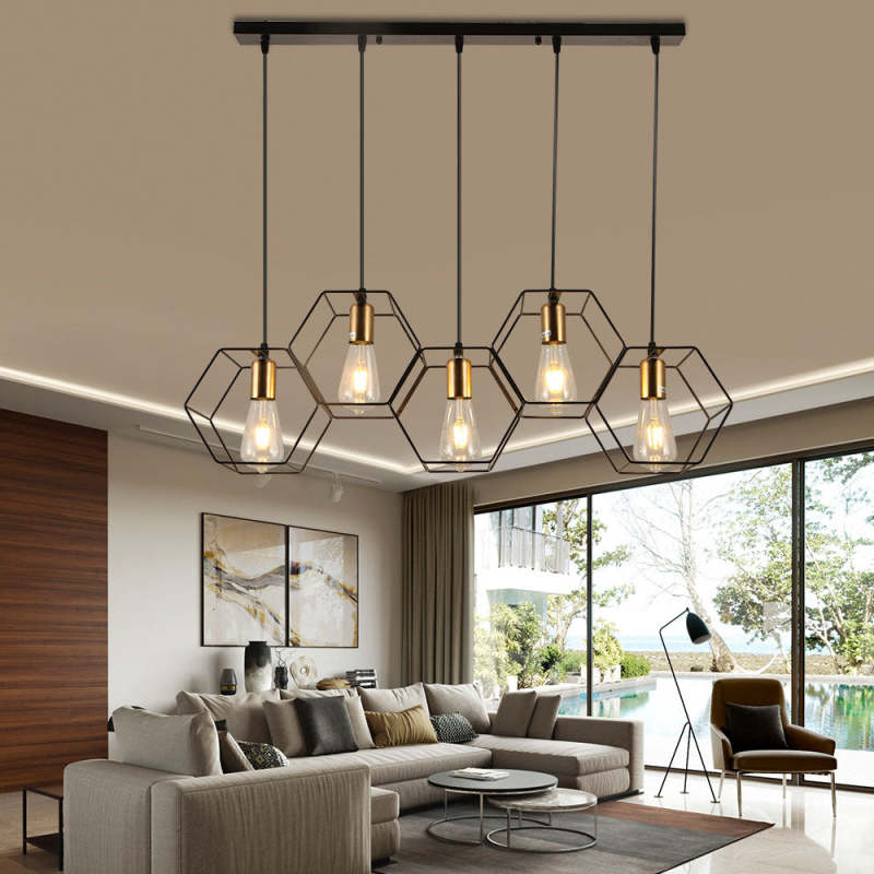 Arisha Rustic Farmhouse Geometry 3/5 Light Pendant Light, Black - Neutral Decor