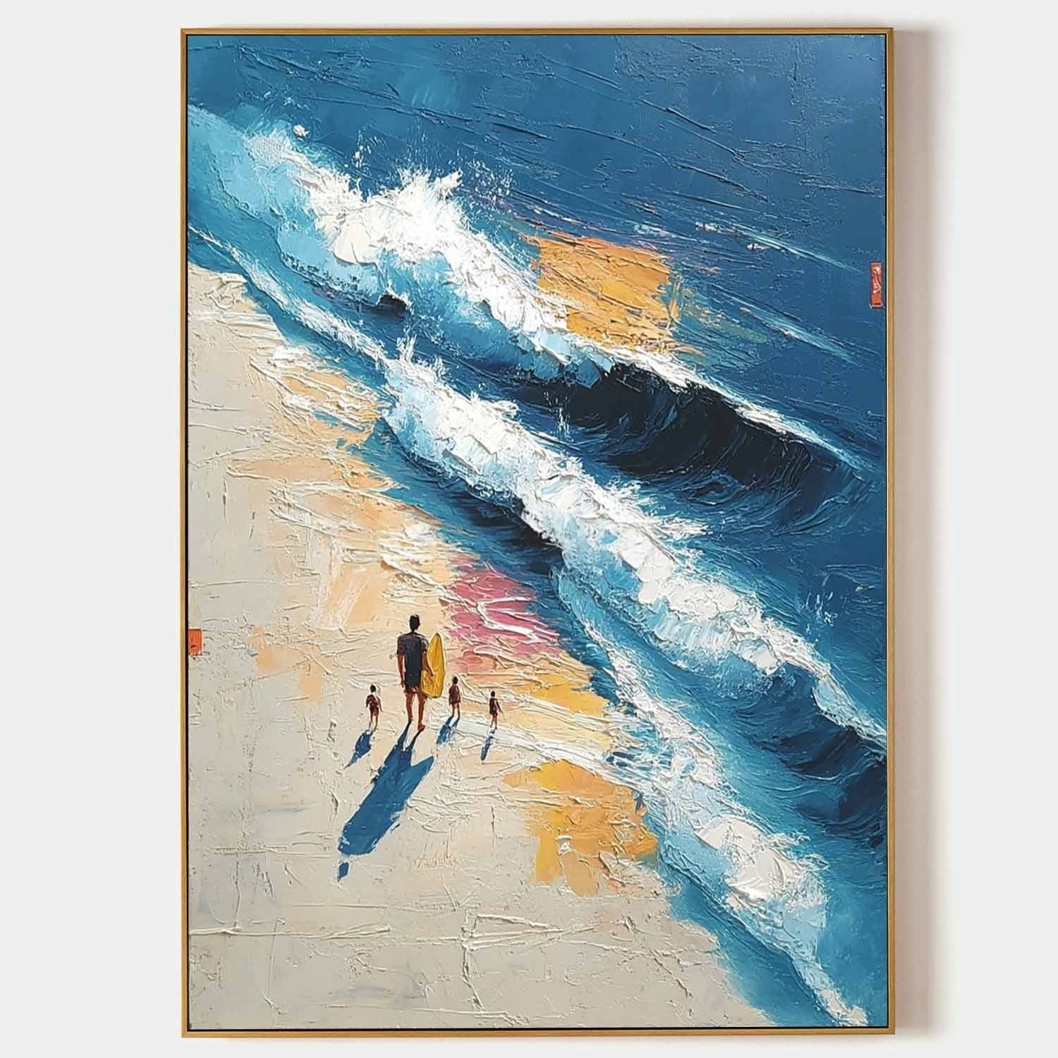 Wall Art Vertical Impressionist Family Beach Scene Deep - Neutralighting