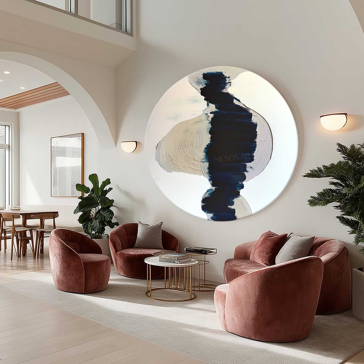 Wall Art Round Navy Beige Brushstroke - Neutralighting