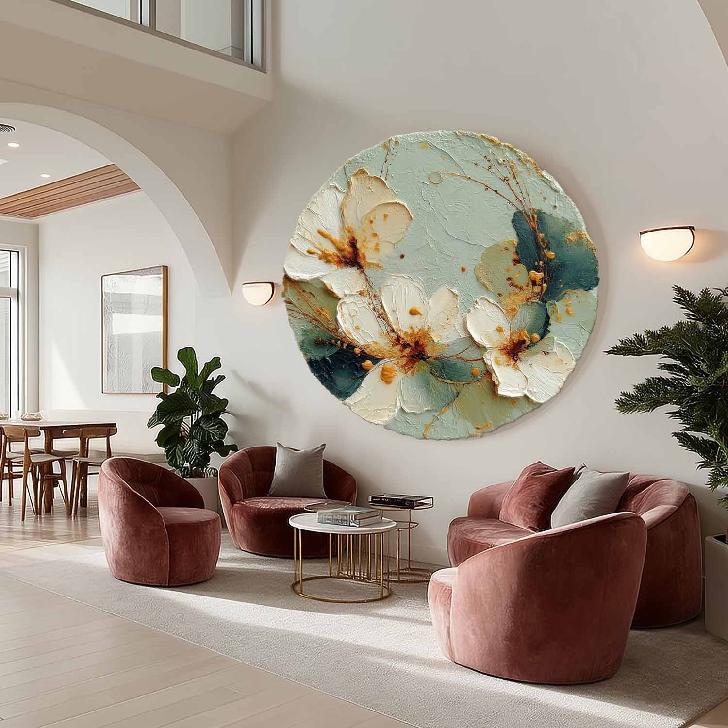 Wall Art Round White Floral Gold Accents - Neutralighting