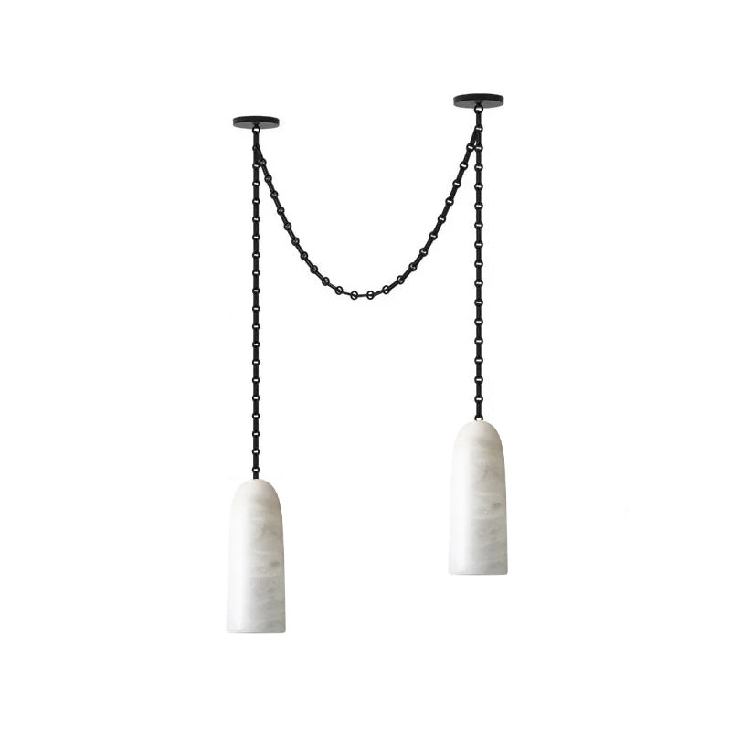 A linear arrangement of five alabaster chandeliers.