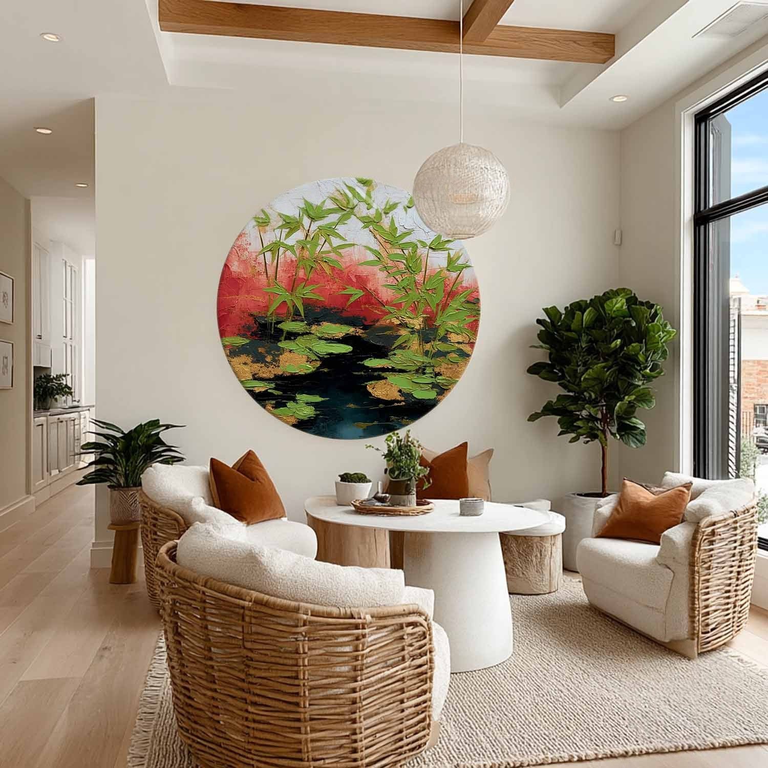 Wall Art Round Bamboo Lotus Leaf Red - Neutralighting