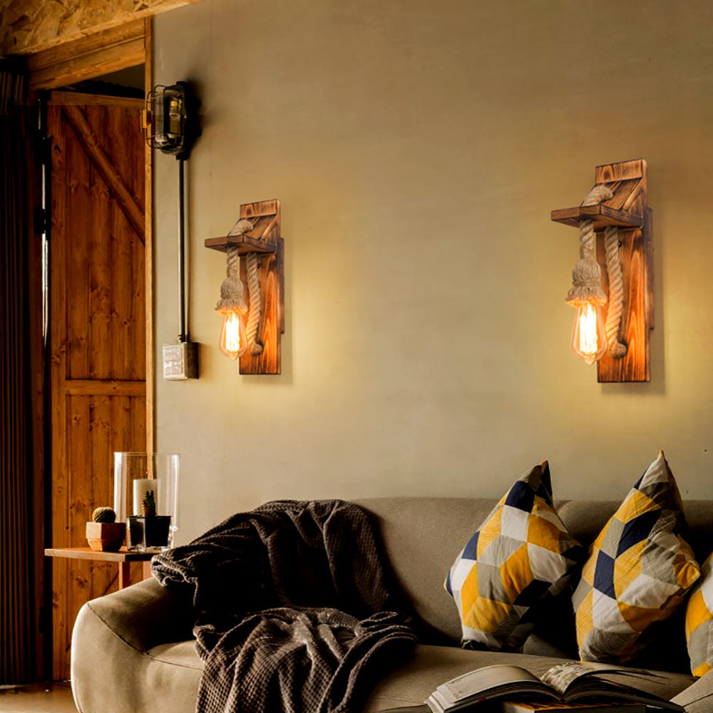 Epoch Vintage Rectangular LED Wall Light, Wood/Hemp Rope, Dining Room - Neutral Decor