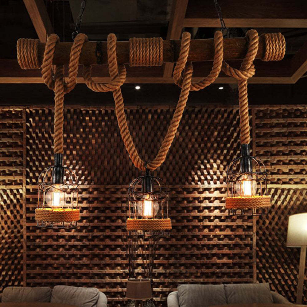 Silva Vintage 3 Heads Wood Rope Pendant Light - Neutral Decor