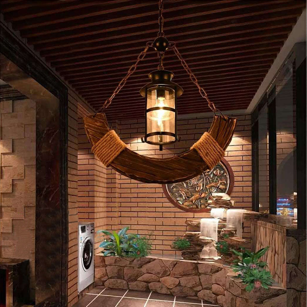 Epoch Retro Rustic Arc Metal/Wood Lantern Glass Pendant Light - Neutral Decor