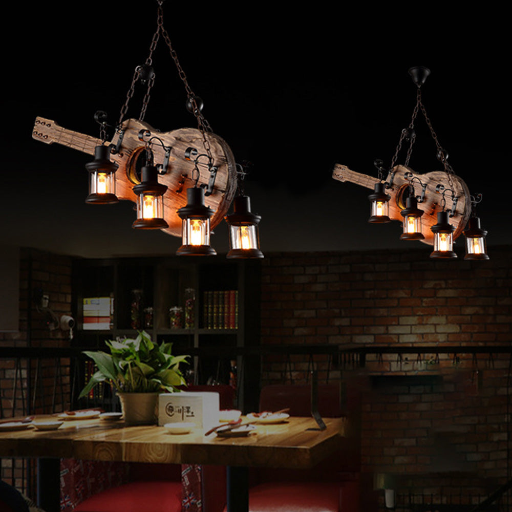 Epoch Retro Guitar Metal & Wood Pendant Light, 4 Heads - Neutral Decor
