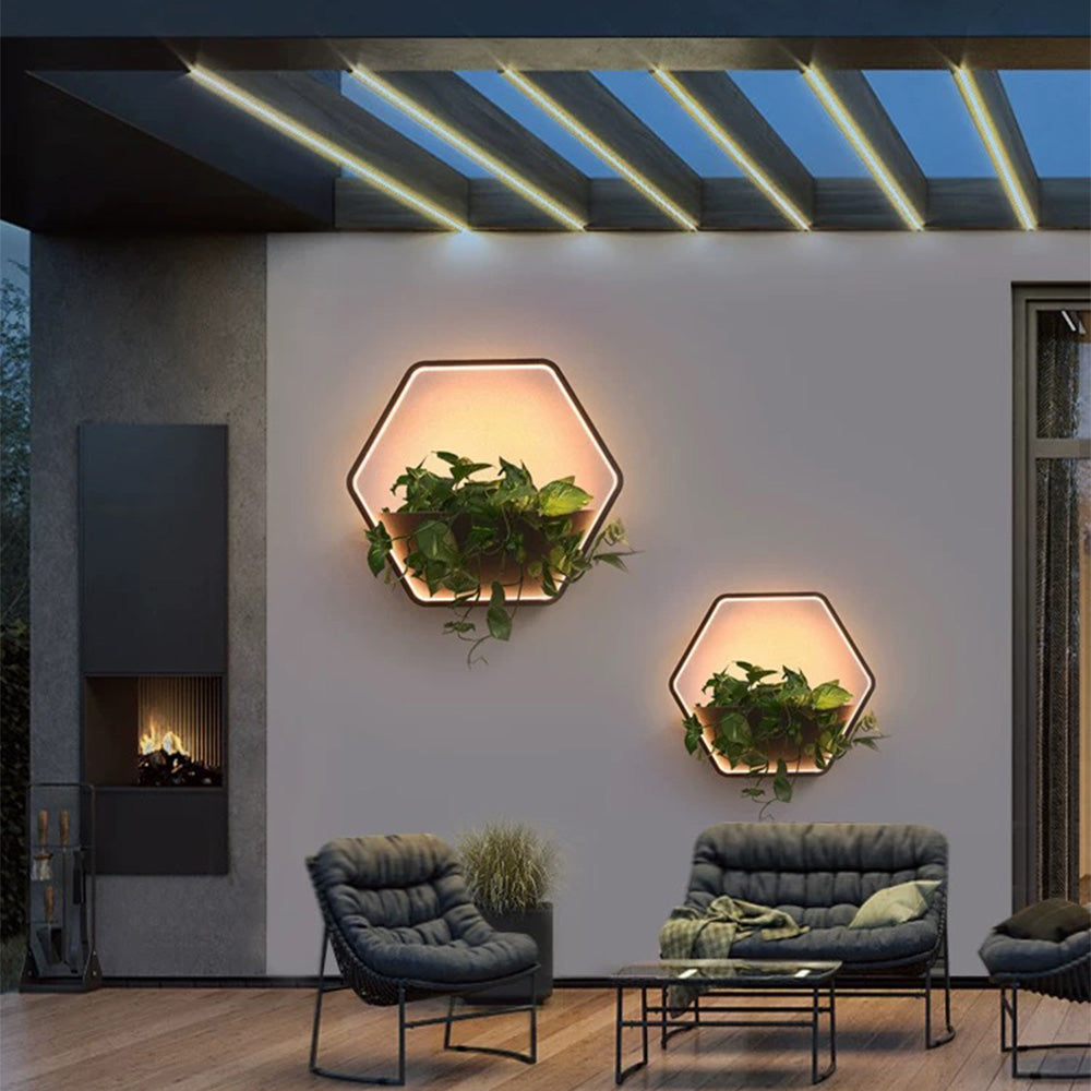 Ray Minimalist Hexagonal Ring With Shelf Metal Outdoor Wall Lamp, Black - Neutral Decor