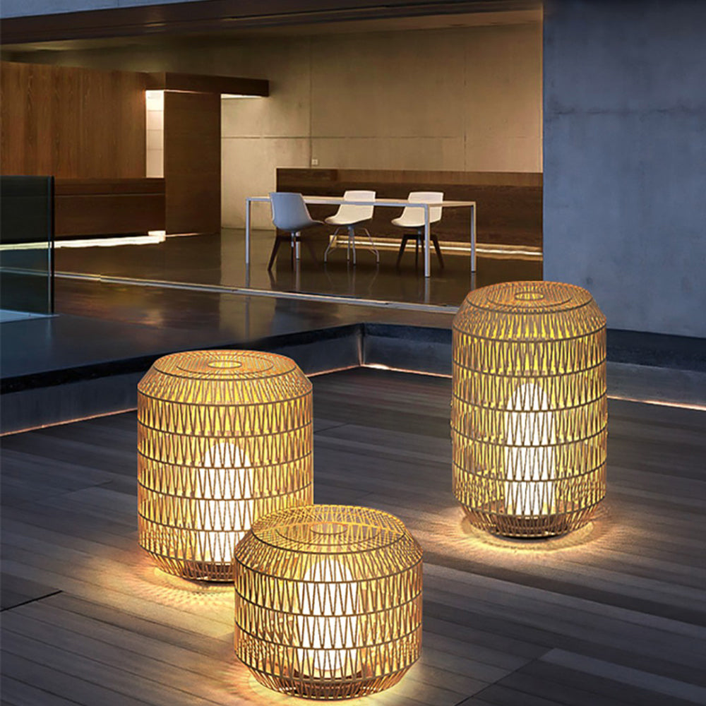 Ray Vintage Lantern Rattan Floor Lamp, Hardwired/Solar, Beige - Neutral Decor
