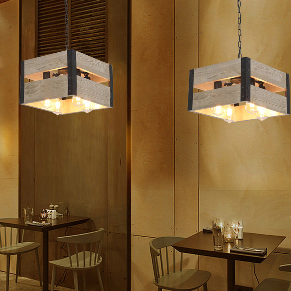 Silva Retro Square Metal & Wood Pendant Light, 4 Heads, 2 Style - Neutral Decor