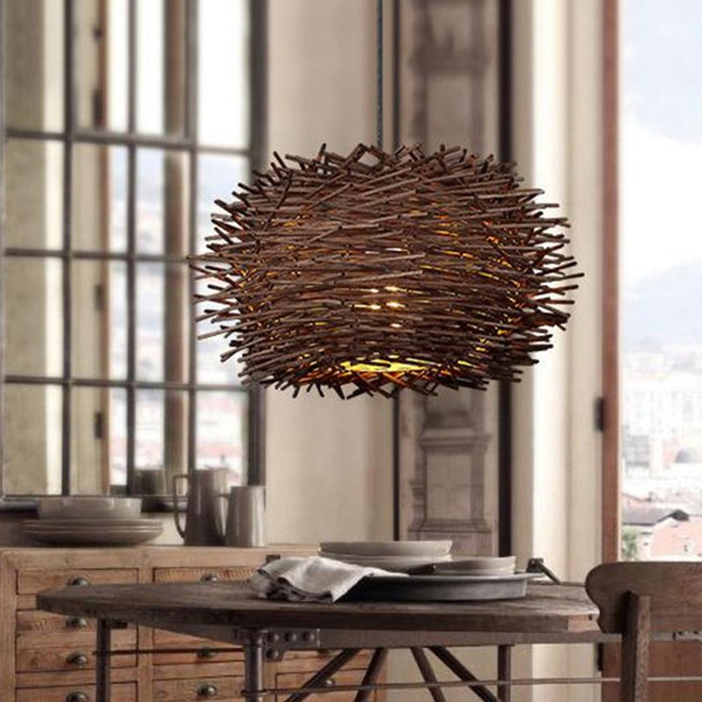 Muto Wooden Bird Nest Rattan Pendant Light, Brown/Wood - Neutral Decor