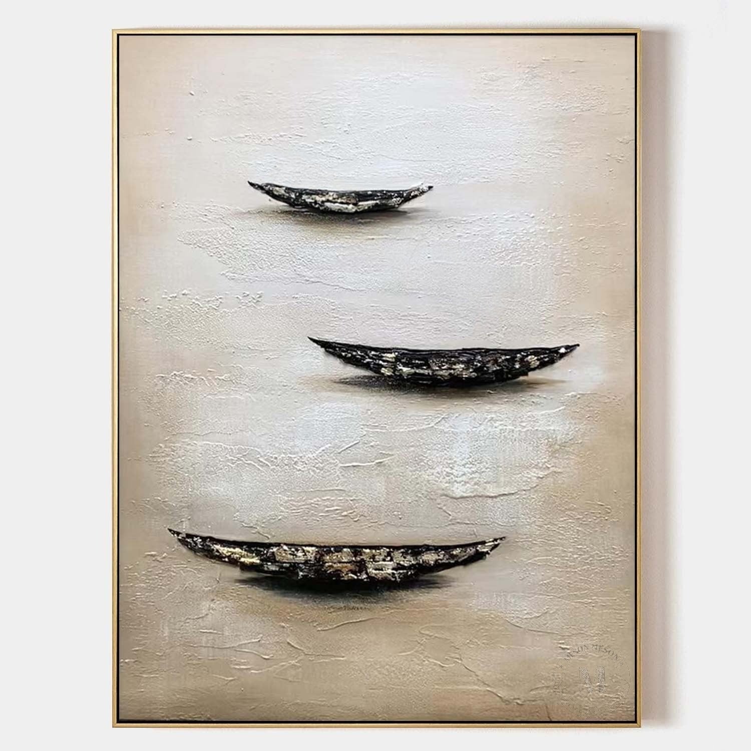 Wall Art Minimalist Boat Trio Serene Seascape - Neutralighting