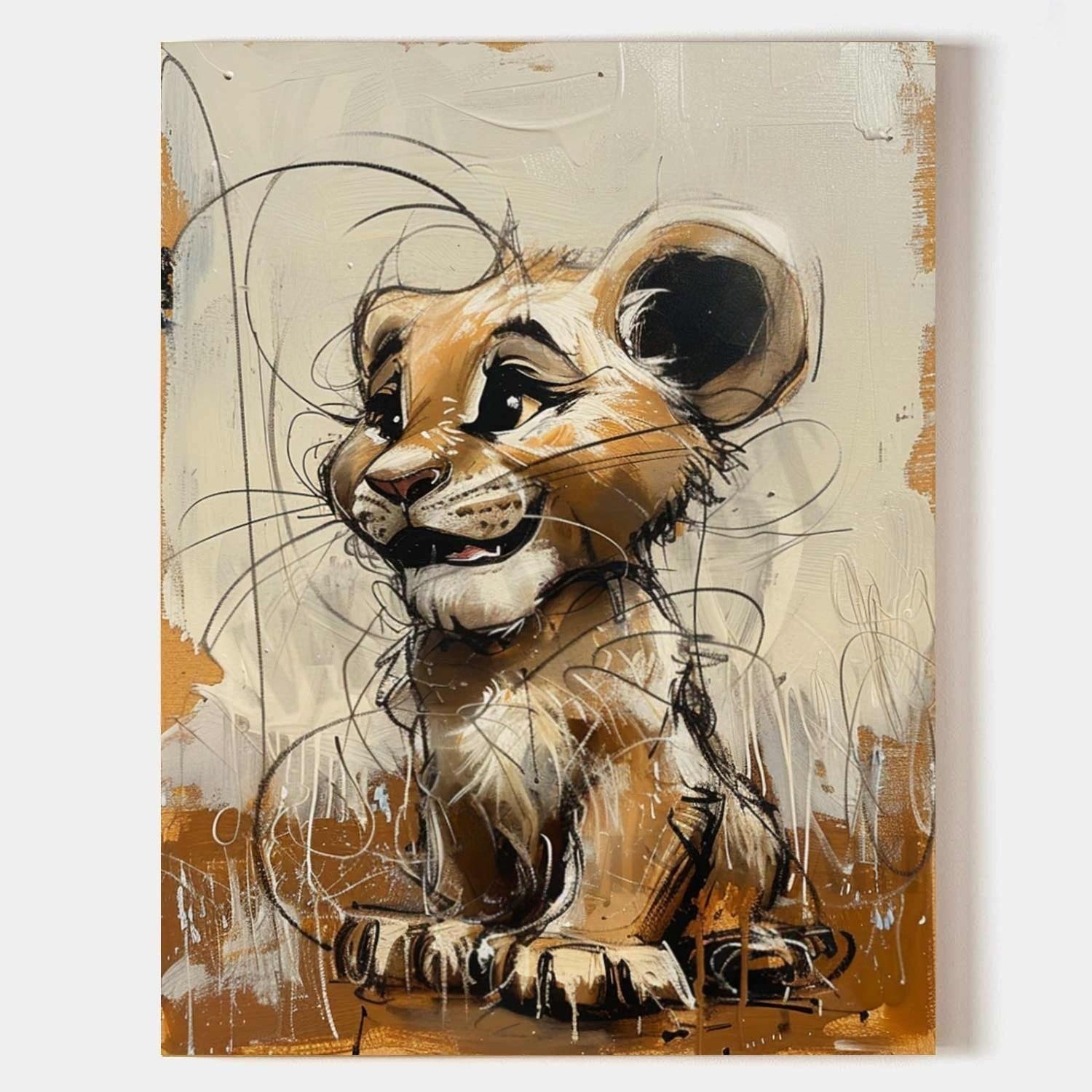 Wall Art Textured Playful Lion Cub - Neutralighting