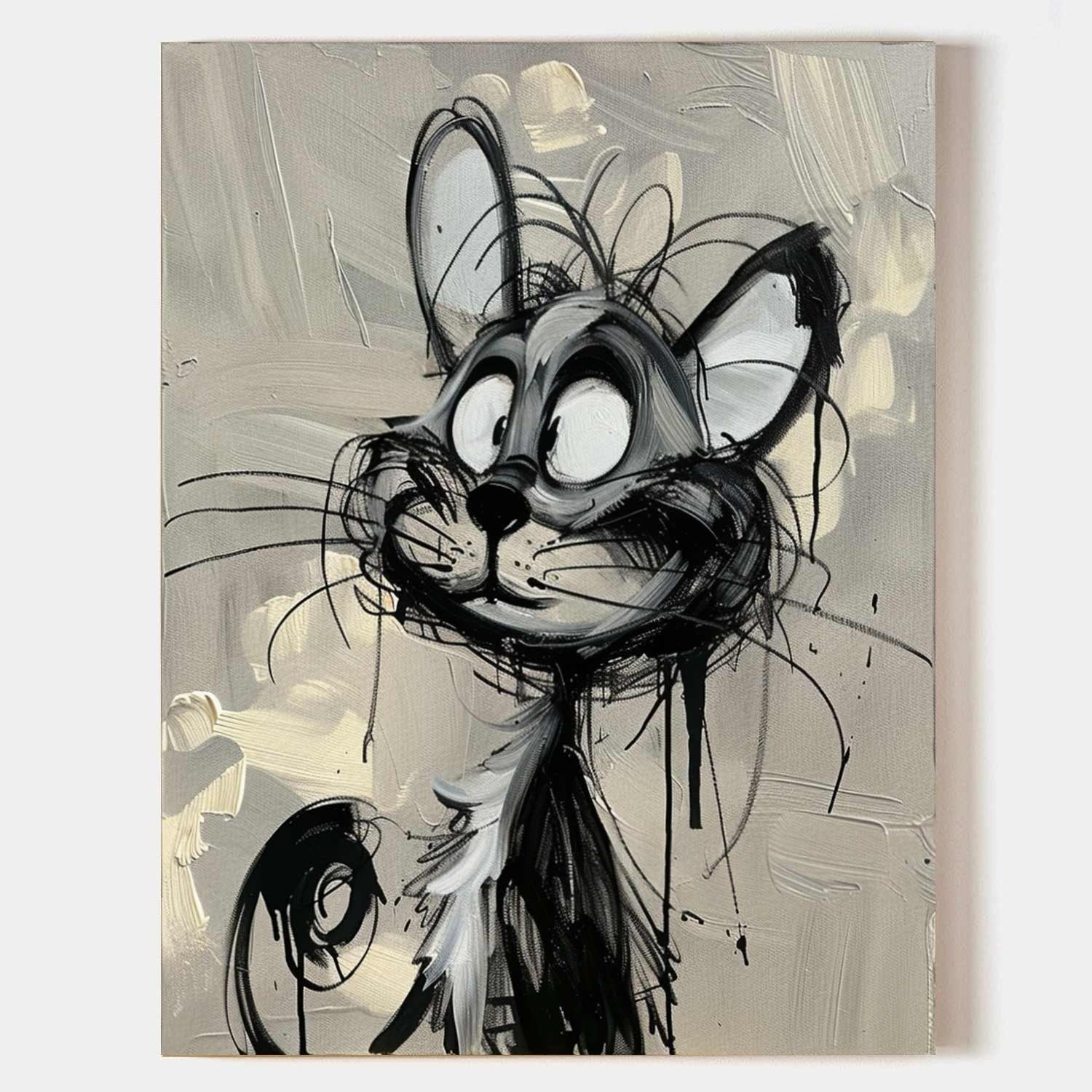 Wall Art Cartoon Cat Black White Drip Oil Painting - Neutralighting