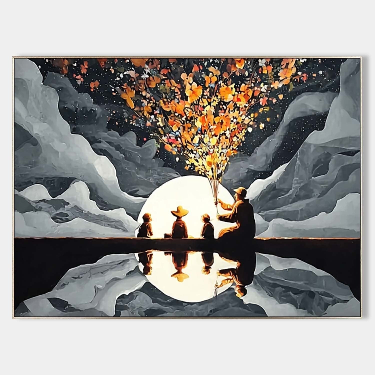 Family Silhouette Moon Art Oil Painting - Neutralighting