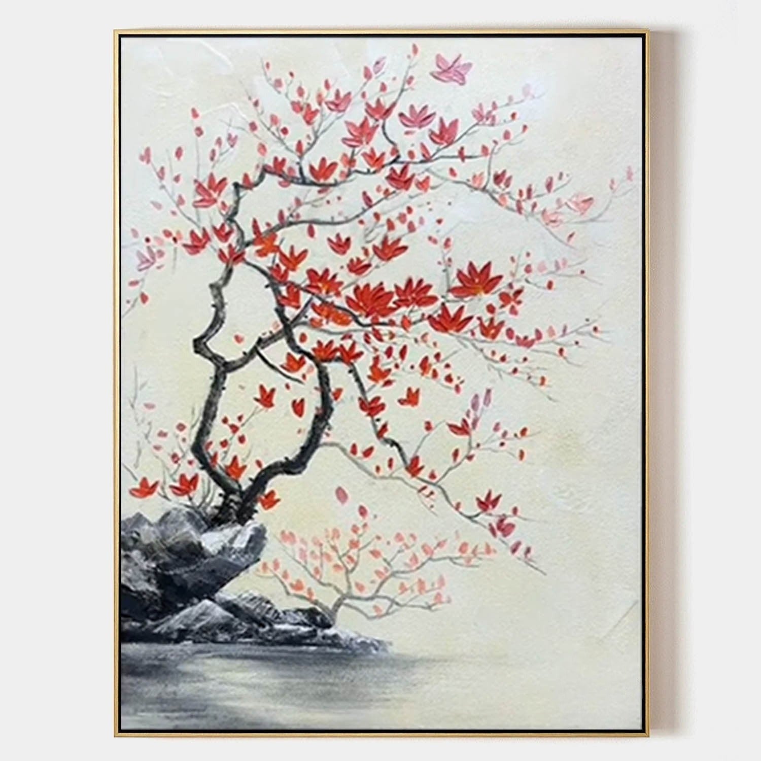 Wall Art Oriental Maple Blossom Rock Landscape - Neutralighting