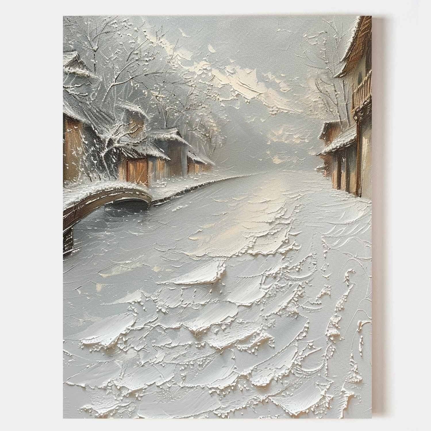 Wall Art Impasto Water Town Winter - Neutralighting