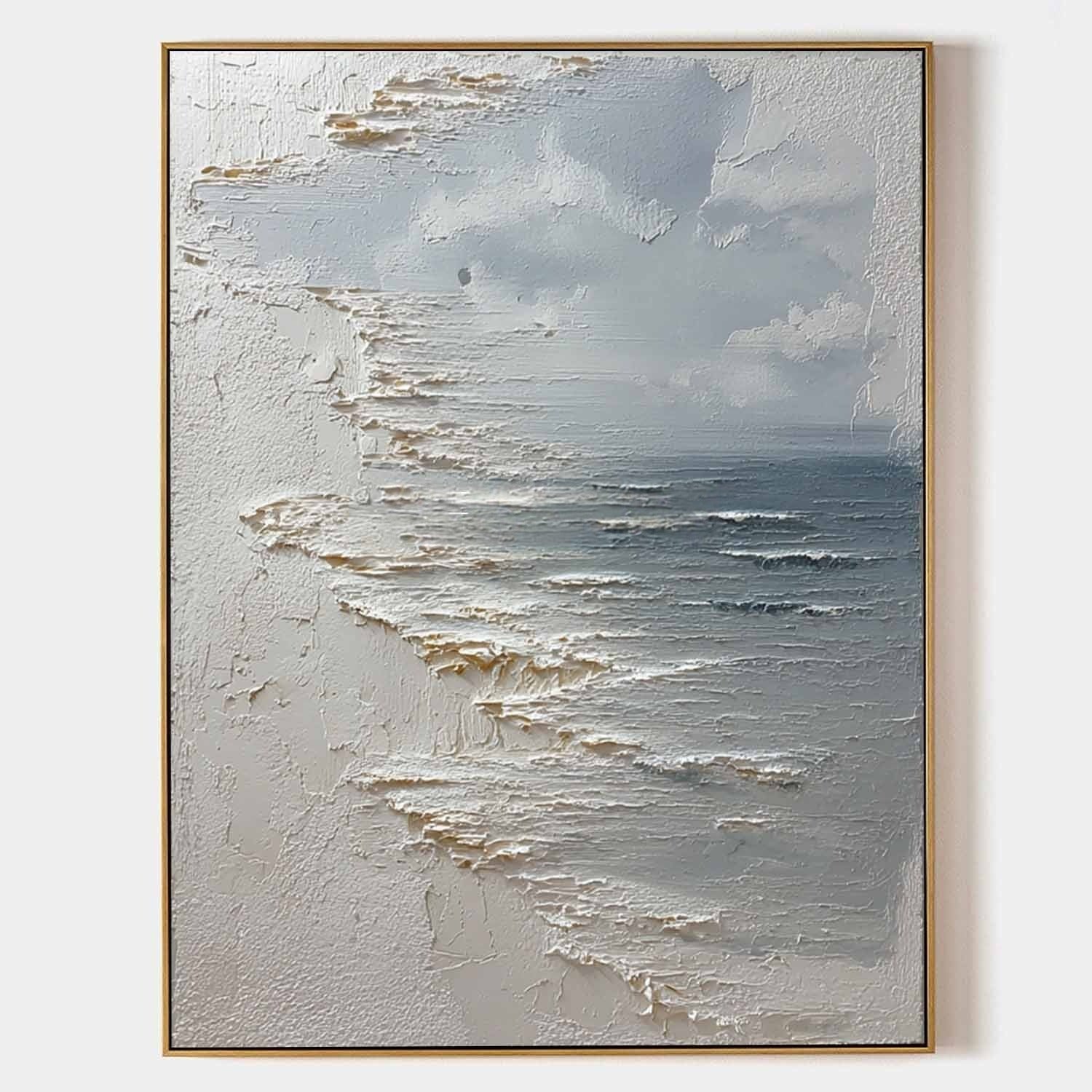 Wall Art Vertical Textured Abstract Sea Relief Scene Cool Coastal - Neutralighting