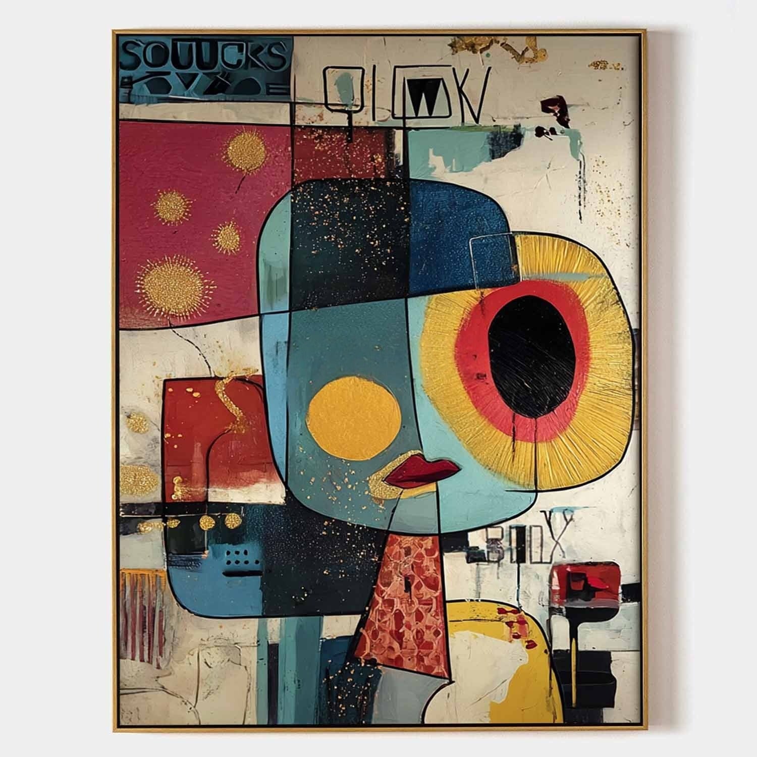 Wall Art Cubist Face Abstract Gold Oil Painting - Neutralighting