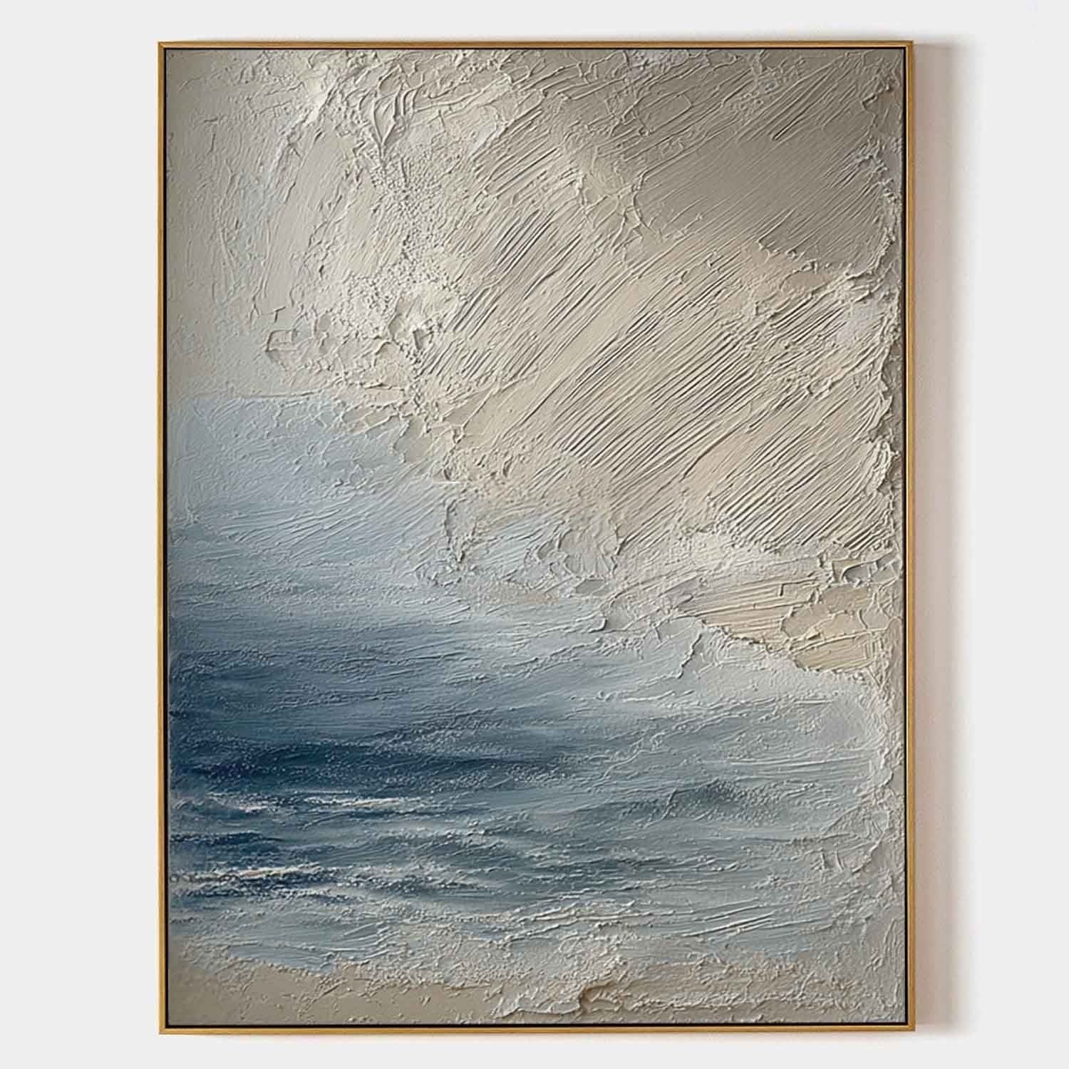 Wall Art Vertical Textured Abstract Sea Relief Scene Cool Coastal - Neutralighting