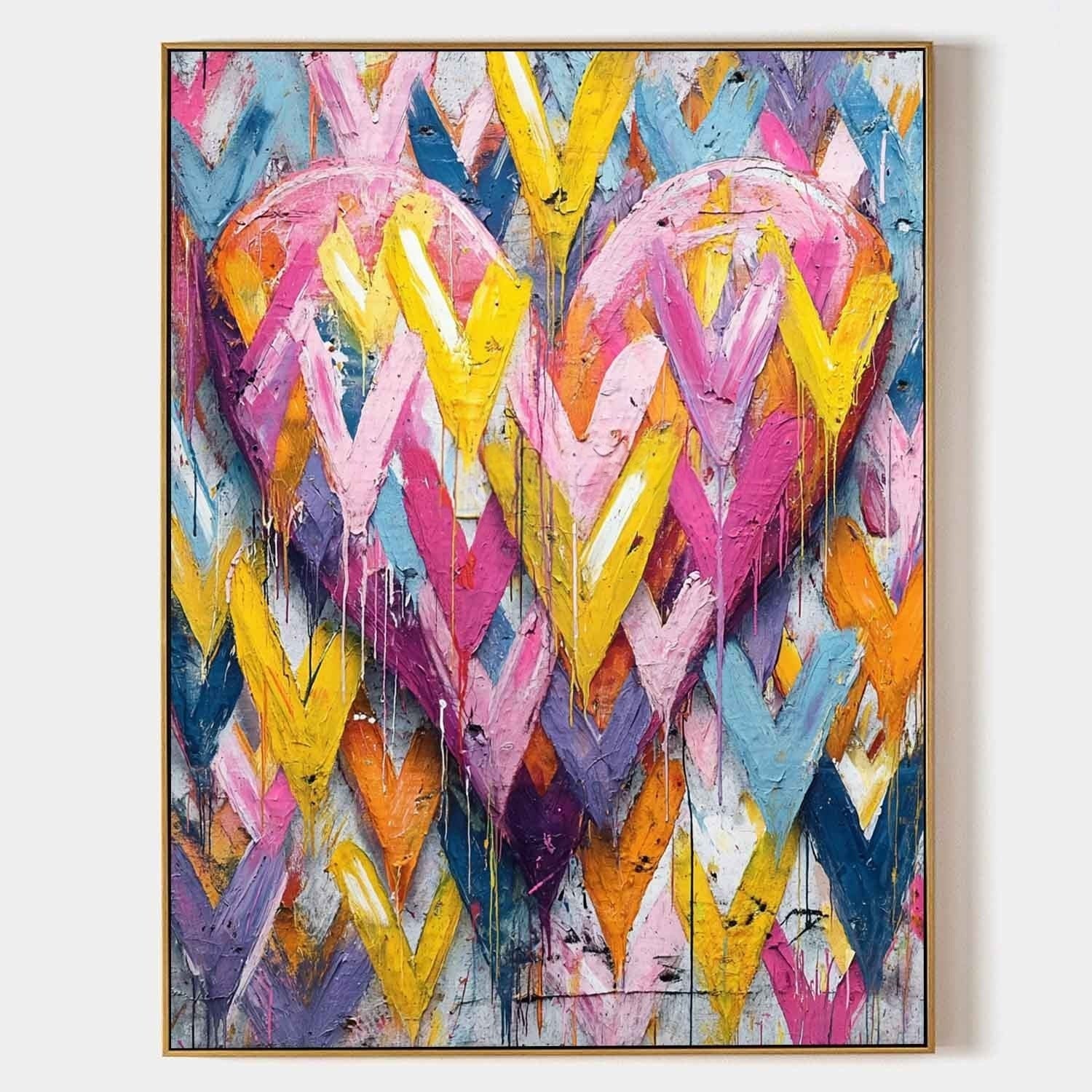 Vibrant Chevron Double Heart Impasto Painting - Neutralighting