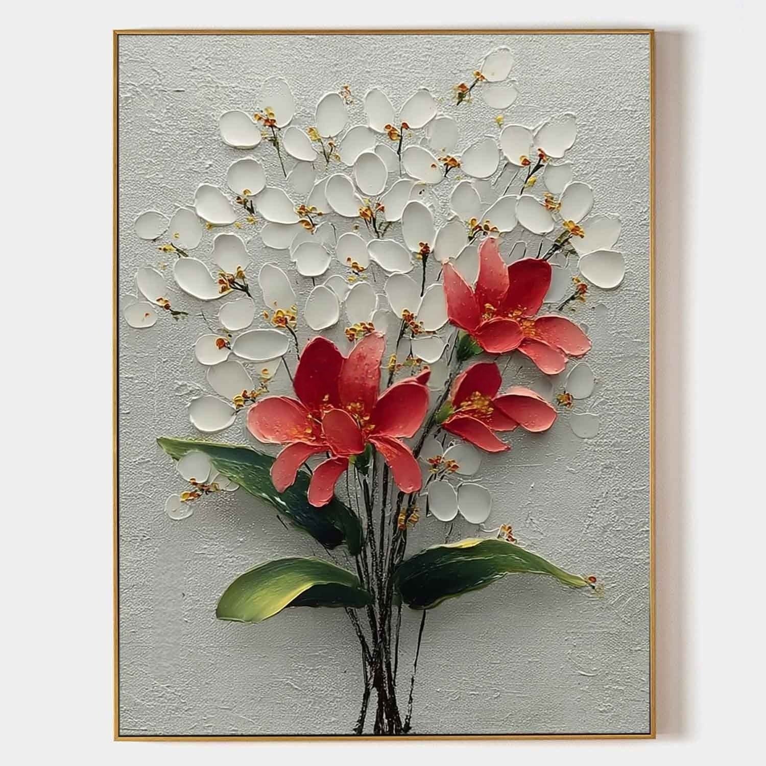 White Blossoms Red 3D Textured Painting - Neutralighting