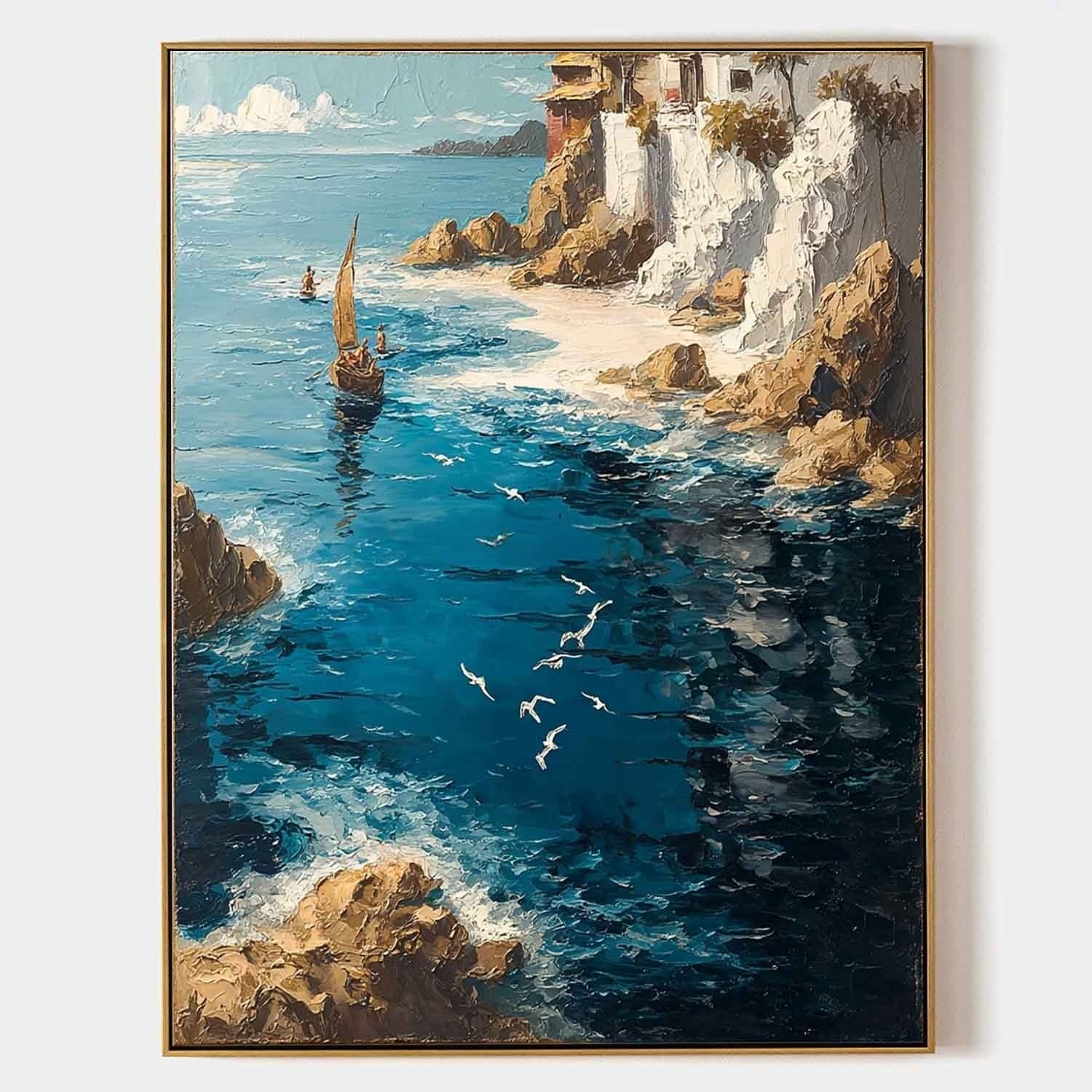 Wall Art Mediterranean Coastal Village Sailboat - Neutralighting