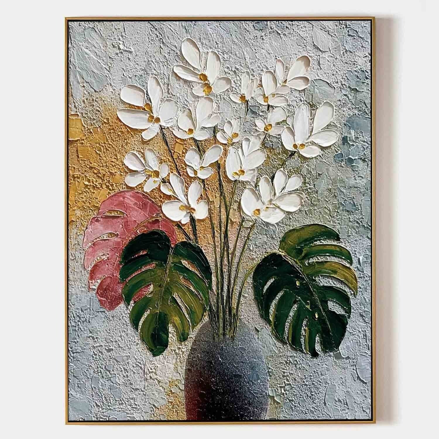White Blossoms Monstera Impasto Painting - Neutralighting