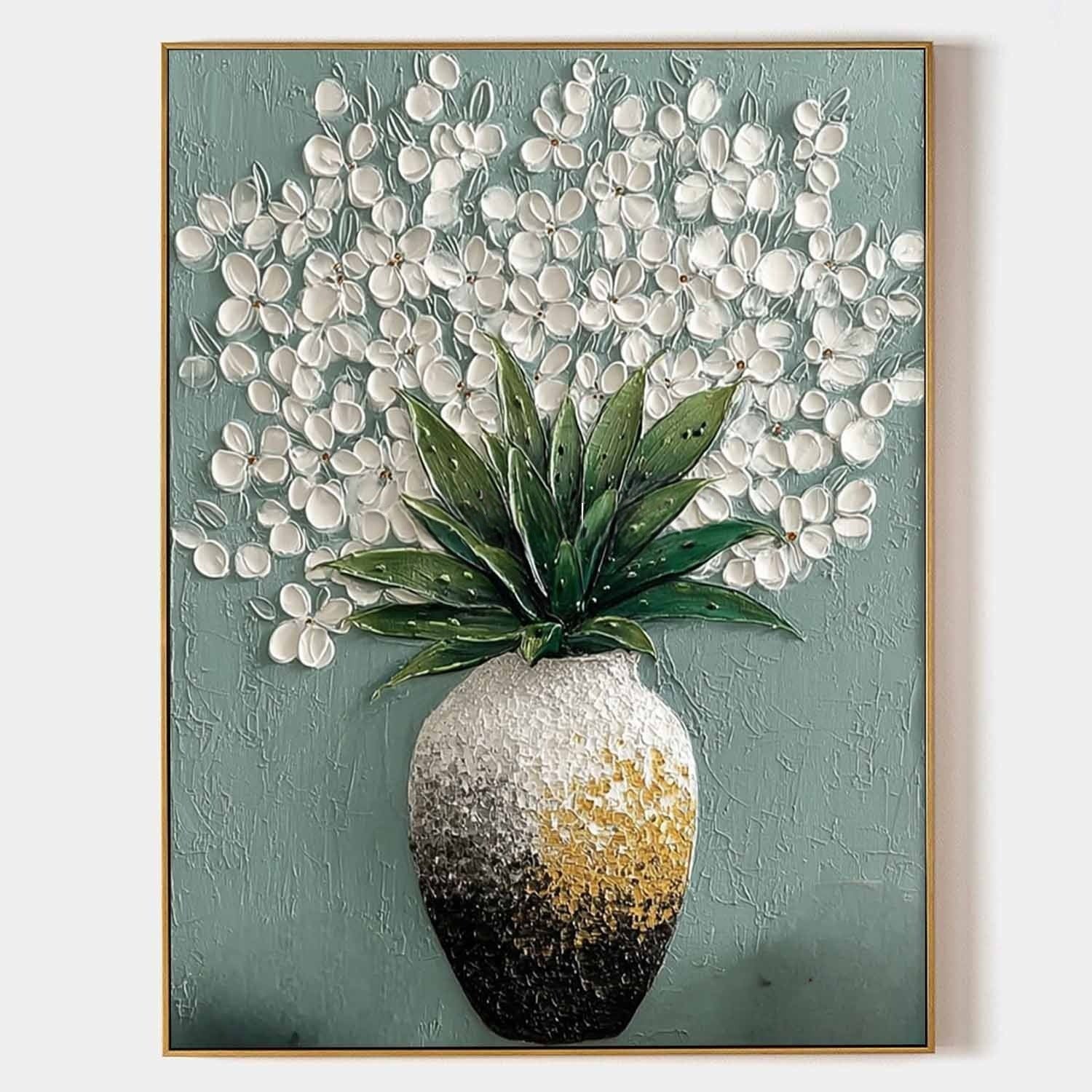 White Blossoms Ombre Vase Impasto Painting - Neutralighting