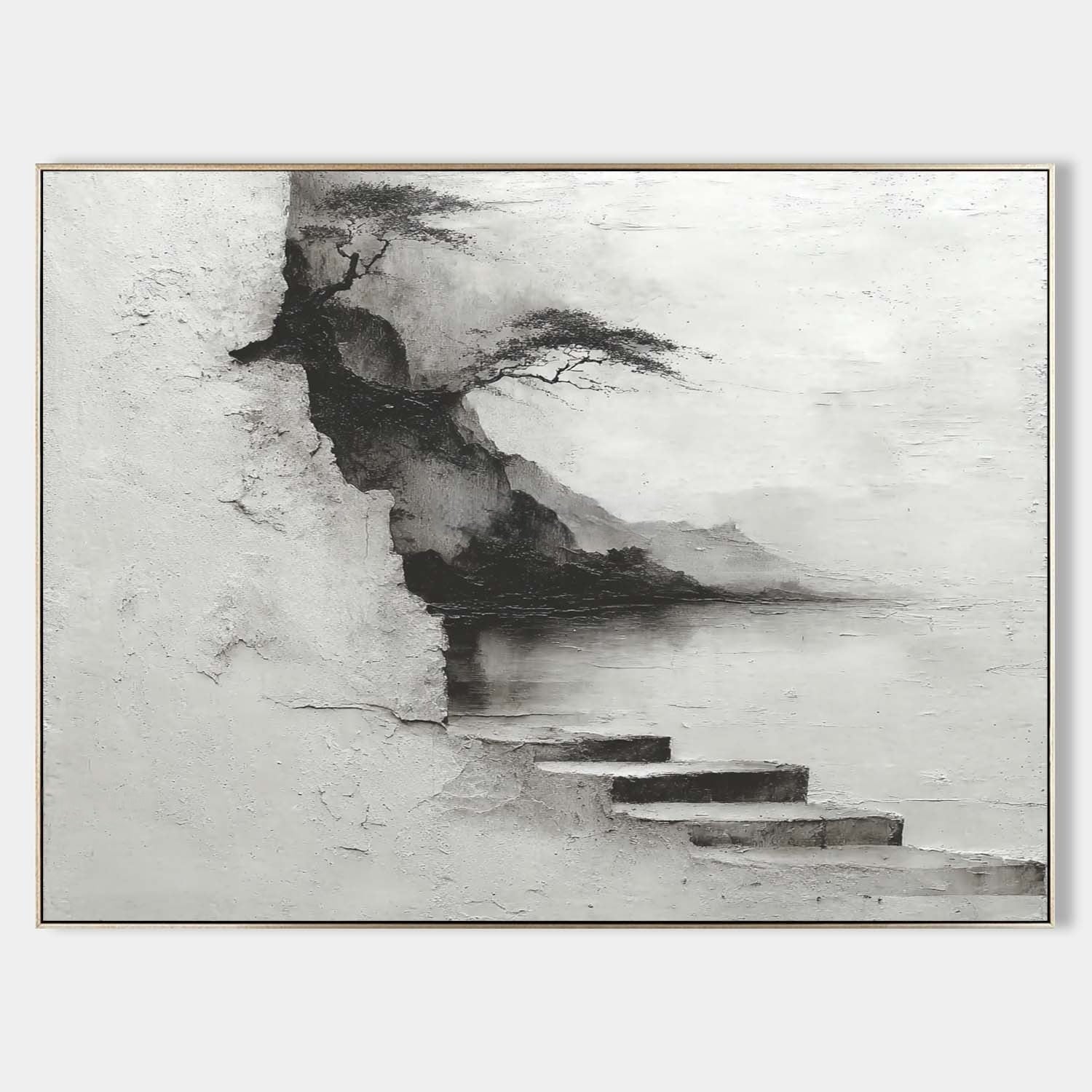 Wall Art Monochrome Cliff Tree Lakeside Landscape - Neutralighting