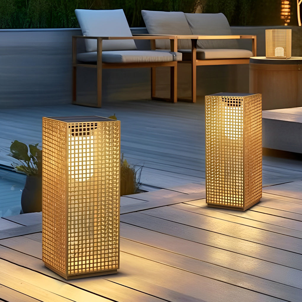 Fina Artistic Cuboid Asian-Inspired Steel Outdoor Pathway Bollard Lights